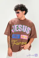 تیشرت باکسی طرح jesus نخ پنبه وارداتی برند yep رنگ قهوه ای