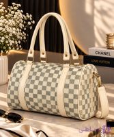 کیف دستی و دوشی زنانه چهارخانه کرم طوسی