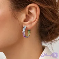گوشواره حلقه‌ای تنیسی زنانه نگین قلبی رنگین‌کمانی مدل جادوی رنگ‌ها