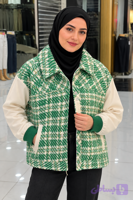 کت زنانه چهارخانه سبز کرم آستین ترکیبی مدل آیلین