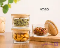 ظرف شیشه ای گرد لیمون 190 میلی لیتری درب چوبی