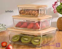 ست ظرف شیشه ای مستطیل لیمون شیاردار درب چوبی