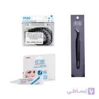 مژه فیشر فر دی دوو سایز 10 میلی متر بسته 5 ریسه ای DUO + چسب مشکی یک ماهه تیک + انبر آردل