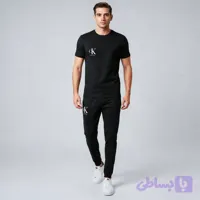 ست تی شرت و شلوار مردانه آستین کوتاه نخی ساده مشکی