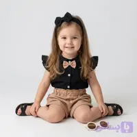 ست تاپ و شلوارک دخترانه محرمی نخی مشکی طرح بالک دار سایز 6 تا 36 ماه