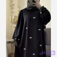 عبای جواهر دوزی مشکی با پنل پاپیونی و آستین پفدار دانتل دار