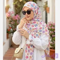 روسری نخ کاستوم طرح گل کاغذی قواره بزرگ 140x140 دور چرخ دوز کرم شیری