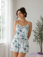 تاپ وشلوارک زنانه ساتن طرح برگ آبرنگی سبز