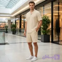 ست پیراهن و شلوارک مردانه پارچه مراکشی بیسکوییتی - کفش سپید