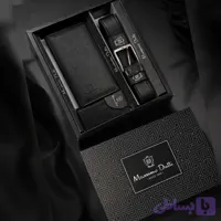 ست هدیه کیف پول جاکارتی و کمربند مردانه چرم صنعتی با جعبه کادویی