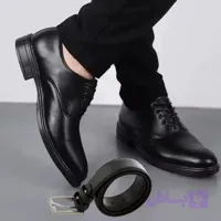 ست کفش مردانه مدل رویال و کمربند چرم صنعتی مشکی