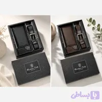 ست کادویی مردانه کیف پول جاکارتی و کمربند چرم صنعتی با جعبه هدیه