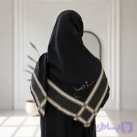 روسری سوپرنخ زنانه طرح امضاء رهبری رنگ مشکی حاشیه طرح گلبرگ کرم