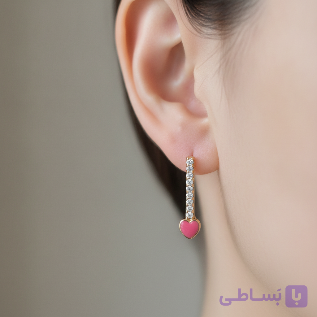 گوشواره ژوپینگ طرح قلب صورتی میناکاری شده با روکش طلا