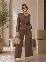 مانتو کتی کمربنددار و شلوار نیم‌بگ زنانه