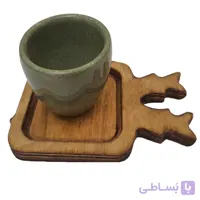 فنجان سفالی مدل سبزینه به همراه تخته چوبی