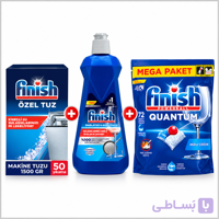 پک کامل ماشین ظرفشویی فینیش Finish – قرص Quantum 72 عددی + جلادهنده 400 میل + نمک 1.5 کیلوگرمی