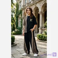 ست کراپ شلوار دخترانه طرح پلنگی آستین کوتاه پنبه بوگاتی سایز 45 تا 60