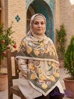 روسری ابریشم توییل طرح گل سبز زیتونی