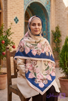 روسری ابریشم توییل طرح گل سورمه ای