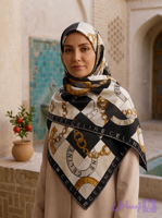 روسری ابریشم تویل طرح زنجیر مشکی
