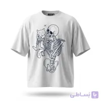 تیشرت سفید طرح اسکلت و گربه کد 77993