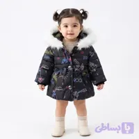 کاپشن دخترانه مشکی طرح دار داخل خز با شال گردن