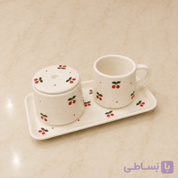 ست قهوه‌خوری تک‌نفره سرامیکی گل‌دار | فنجان، ظرف درب‌دار و سینی