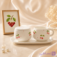 ست چای‌خوری سرامیکی ۳ پارچه طرح گیلاس با سینی و ظرف درب‌دار