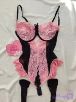 بادی دخترانه گیپوردار پرنسسی صورتی مشکی جوراب دار