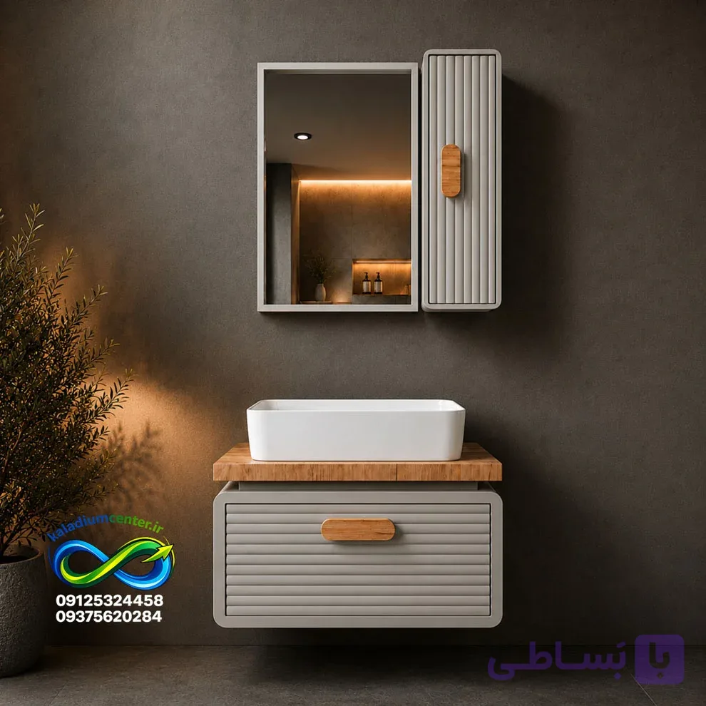 روشویی کابینتی سایز ۴۰ در ۶۰ ست کامل با سنگ گاتریا و آینه و باکس مدل بامبو طوسی چوب