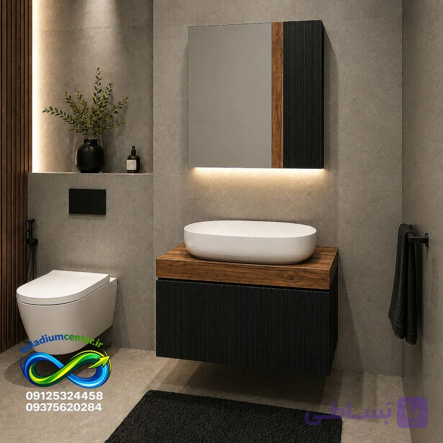 روشویی کابینتی سایز ۴۰ در ۶۰ ست کامل با سنگ گاتریا و آینه و باکس مدل بتمن مشکی چوب