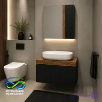 روشویی کابینتی سایز ۴۰ در ۶۰ ست کامل با سنگ گاتریا و آینه و باکس مدل بتمن مشکی چوب