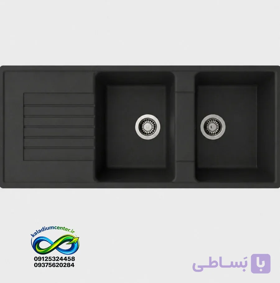 سینک گرانیتی دو لگنه توکار مشکی رگه سفید همراه با اتصالات زیراب کامل