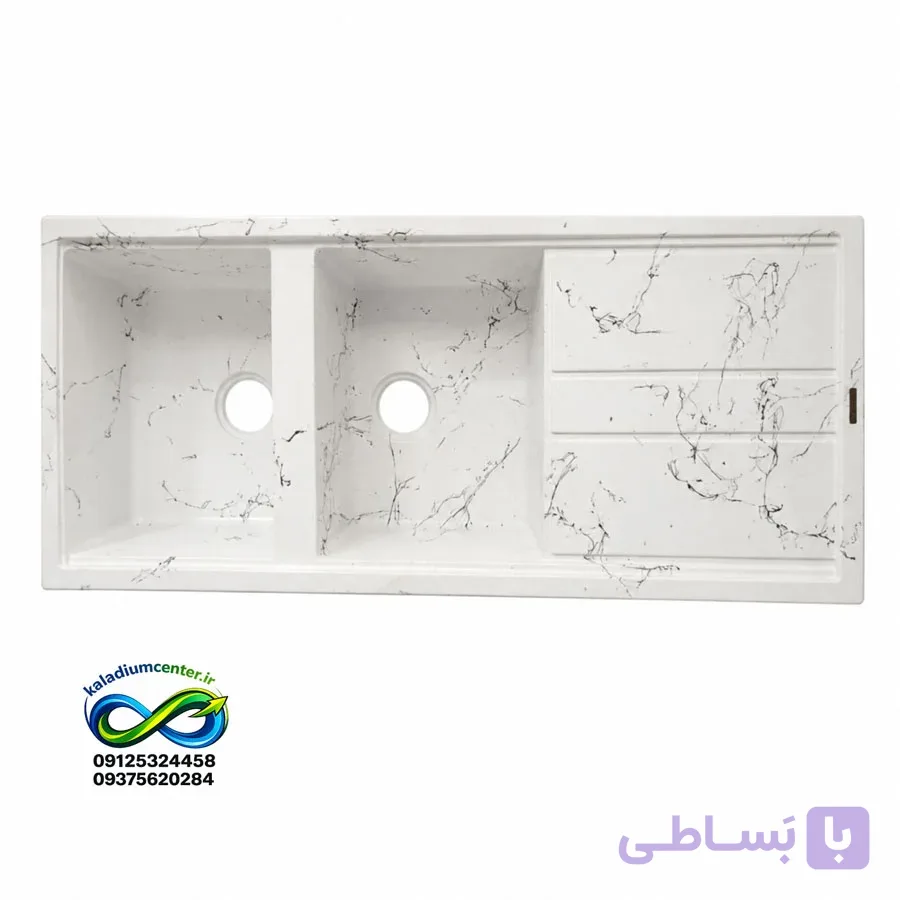 سینک گرانیتی برند گراینو دو لگنه توکار سفید رگه طلایی همراه با اتصالات زیراب کامل