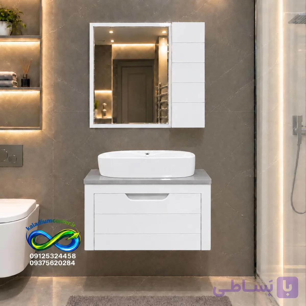 روشویی کابینتی 40 در 60 ست کامل با سنگ گاتریا لترون سفید طوسی