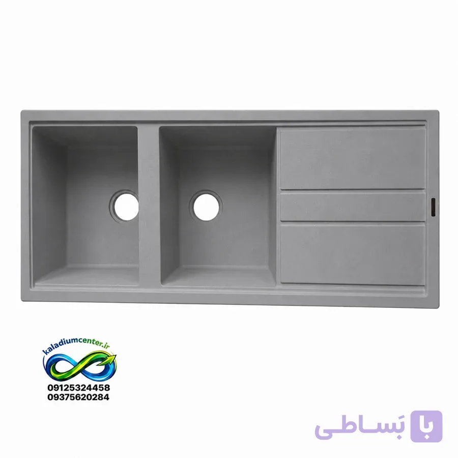 سینک گرانیتی دو لگنه توکار طوسی همراه با اتصالات زیراب کامل