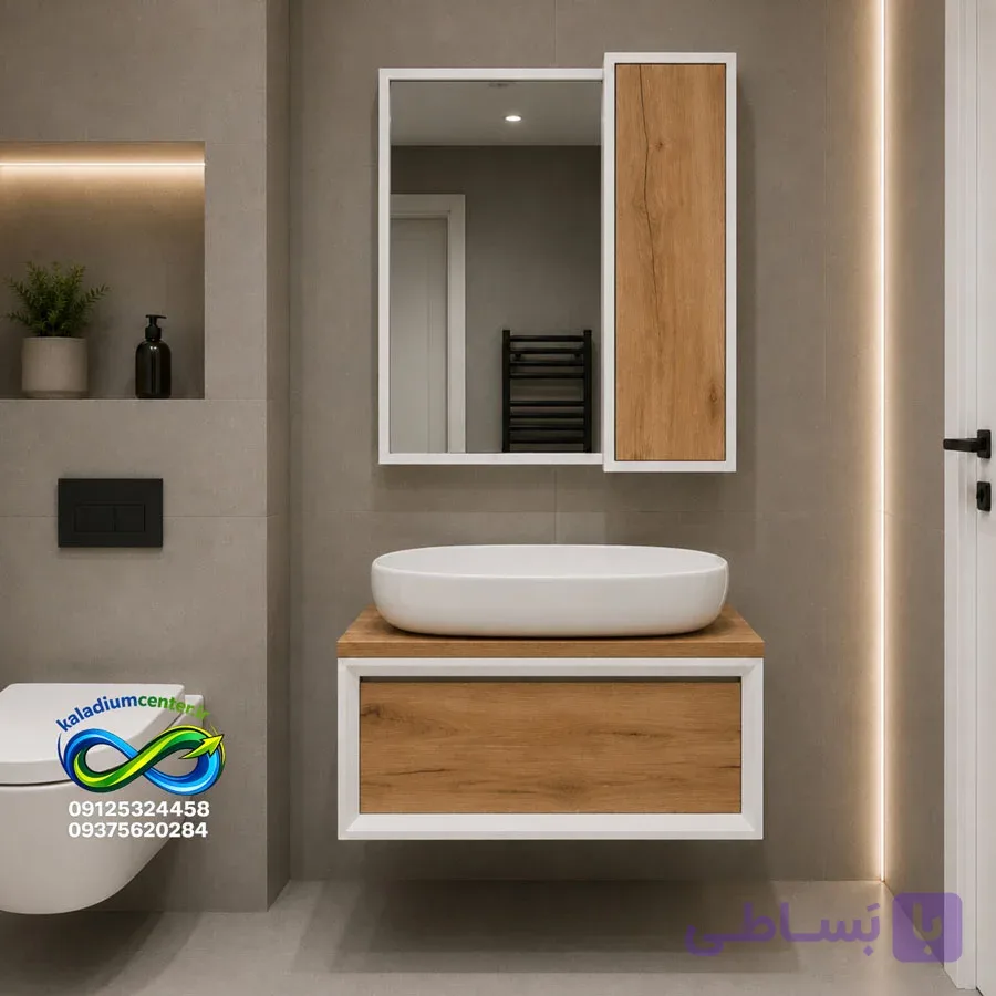 روشویی کابینتی سایز ۴۰ در ۶۰ ست کامل با سنگ گاتریا و آینه و باکس مدل مدرن فریم دار سفید چوب