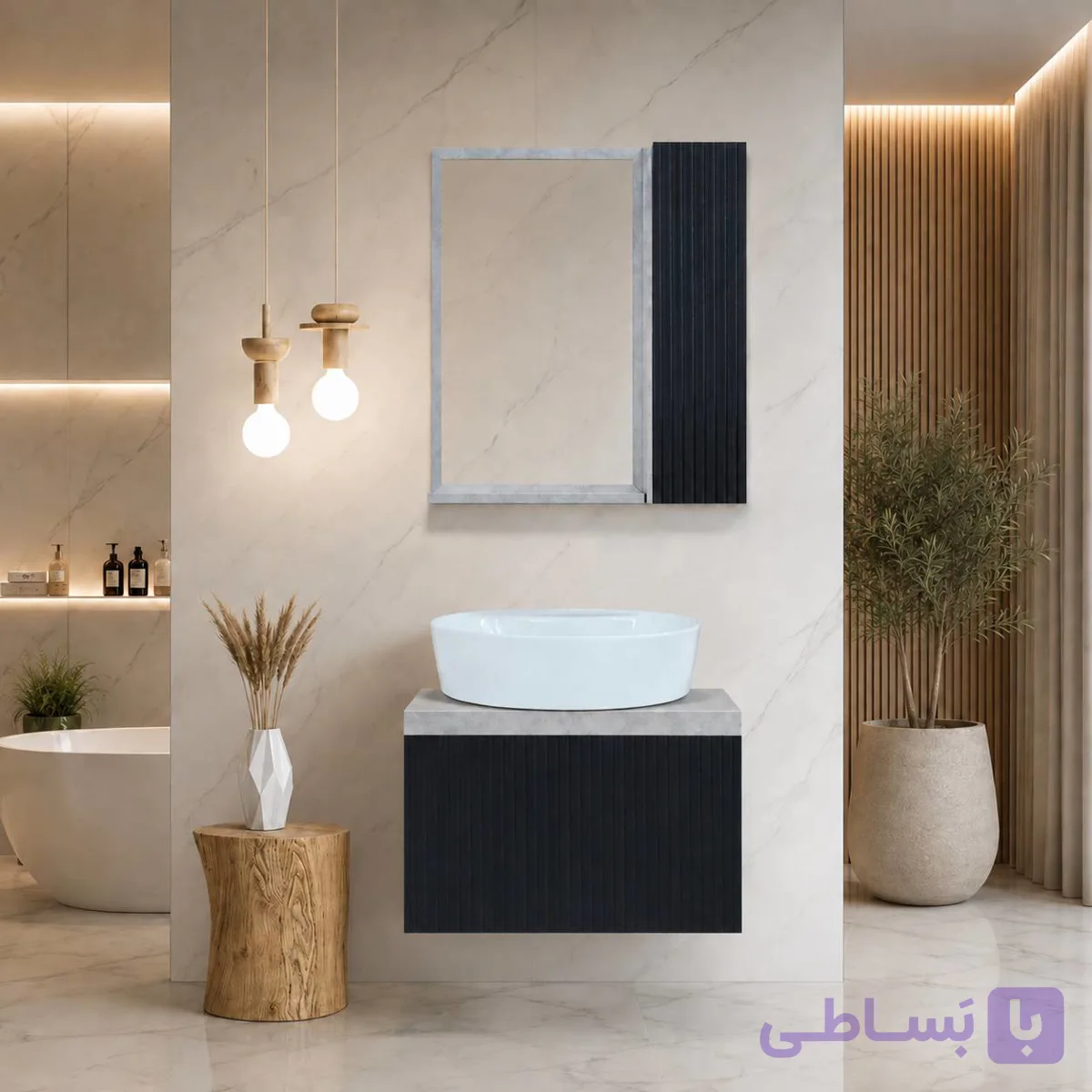 فول ست کابین روشویی ۴۰ در ۶۰ همراه با کاسه گاتریا و آینه و باکس بامبو مشکی بتنی