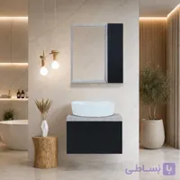 فول ست کابین روشویی ۴۰ در ۶۰ همراه با کاسه گاتریا و آینه و باکس بامبو مشکی بتنی