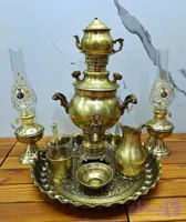 سماور زغالی ۱لیتری با سرویس ۹پارچه برنجی