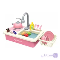 ست سینک ظرفشویی و اجاق گاز اسباب بازی صورتی با شیر چرخان 180 درجه
