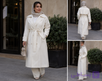 بارانی زنانه کرم دو ردیفه کمربندی مدل ترنچ پشت بالنی