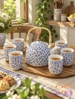 ست قوری و ۶ فنجان چینی طرح ژاپنی دسته حصیری