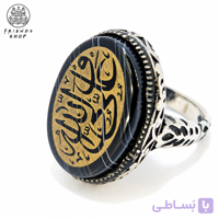 انگشتر مردانه عقیق سیاه حکاکی با رکاب نقره روسی RMN-1069 pop