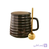 ماگ سرامیکی درب دار و قاشق دار | طرح لبخند