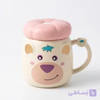 ماگ فانتزی صورت خرس با درب پیچی و دسته توت‌فرنگی