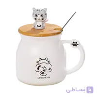 ماگ سرامیکی فانتزی طرح گربه قاشق‌دار با درب چوبی بامبو