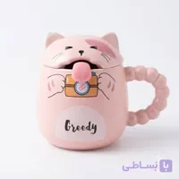 ماگ سرامیکی دردار و قاشق‌دار طرح گربه شیطون با دسته حبابی