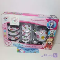 #۱۱۸۷# ظروف آشپزخانه ست چایخوری فلزی- طرح گل زمینه سفید – stainless steel tea set-develoxe-yty toys